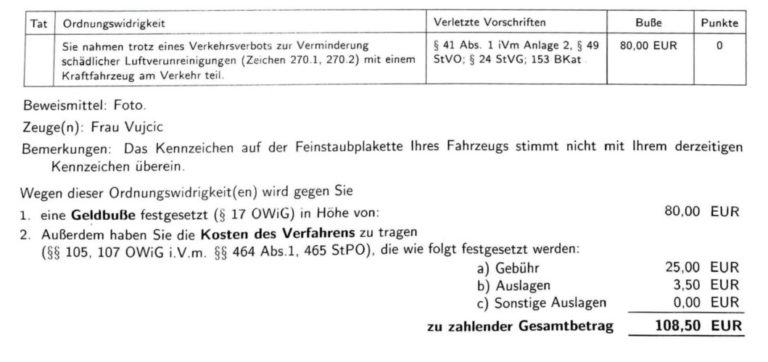 Bußgeldbescheid Feinstaubplakette | Unternehmensrecht