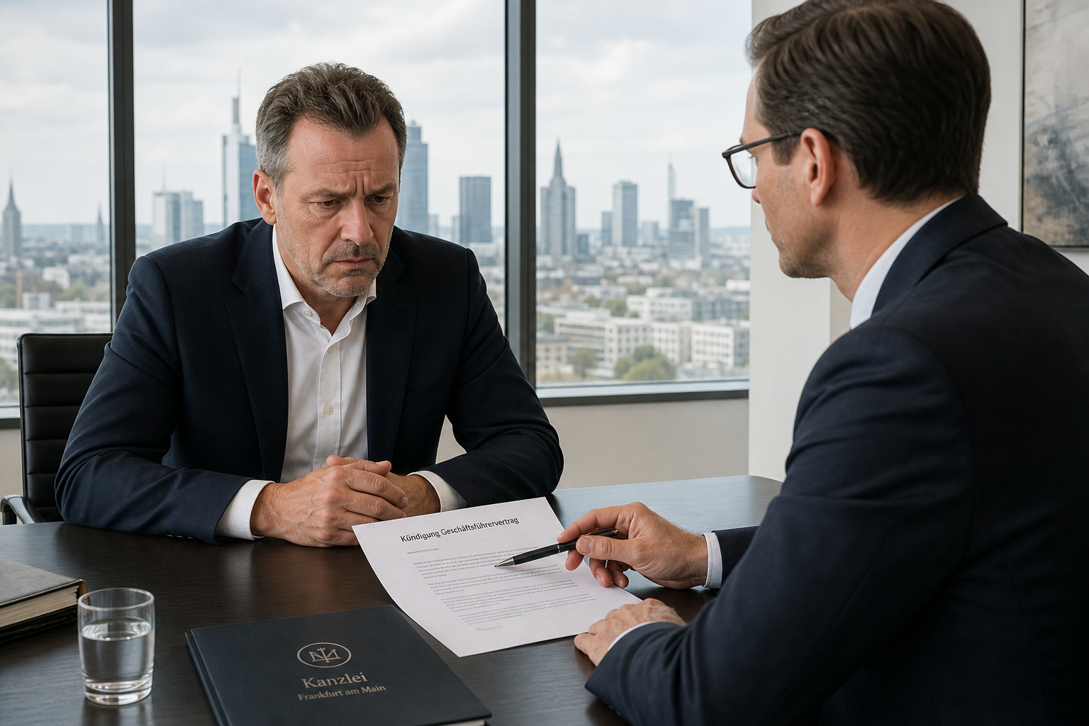 Gekündigter Geschäftsführer einer GmbH im Beratungsgespräch mit spezialisierten Rechtsanwalt in Frankfurt – rechtliche Hilfe bei Kündigung und Abberufung